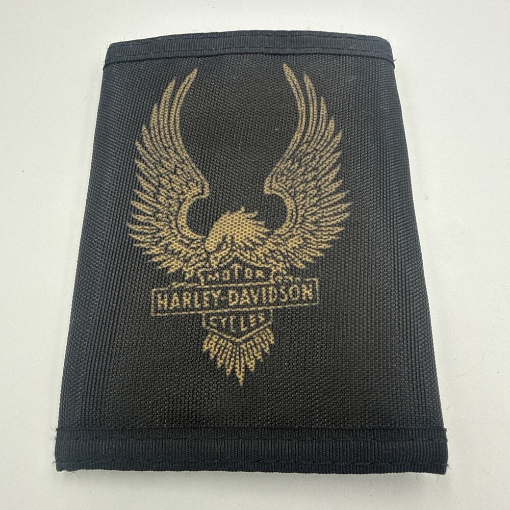 Vintage Harley Davidson Black Trifold Wallet Gold Logo Nylon Biker 1980s Retro - Picture 1 of 7